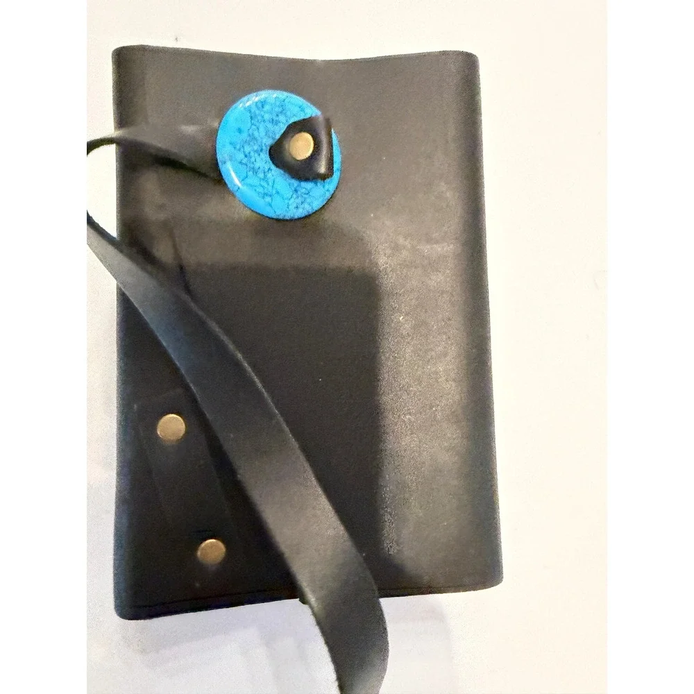 Portland Leather Goods Black Leather Wrap Journal Turquoise Stone Button Accent